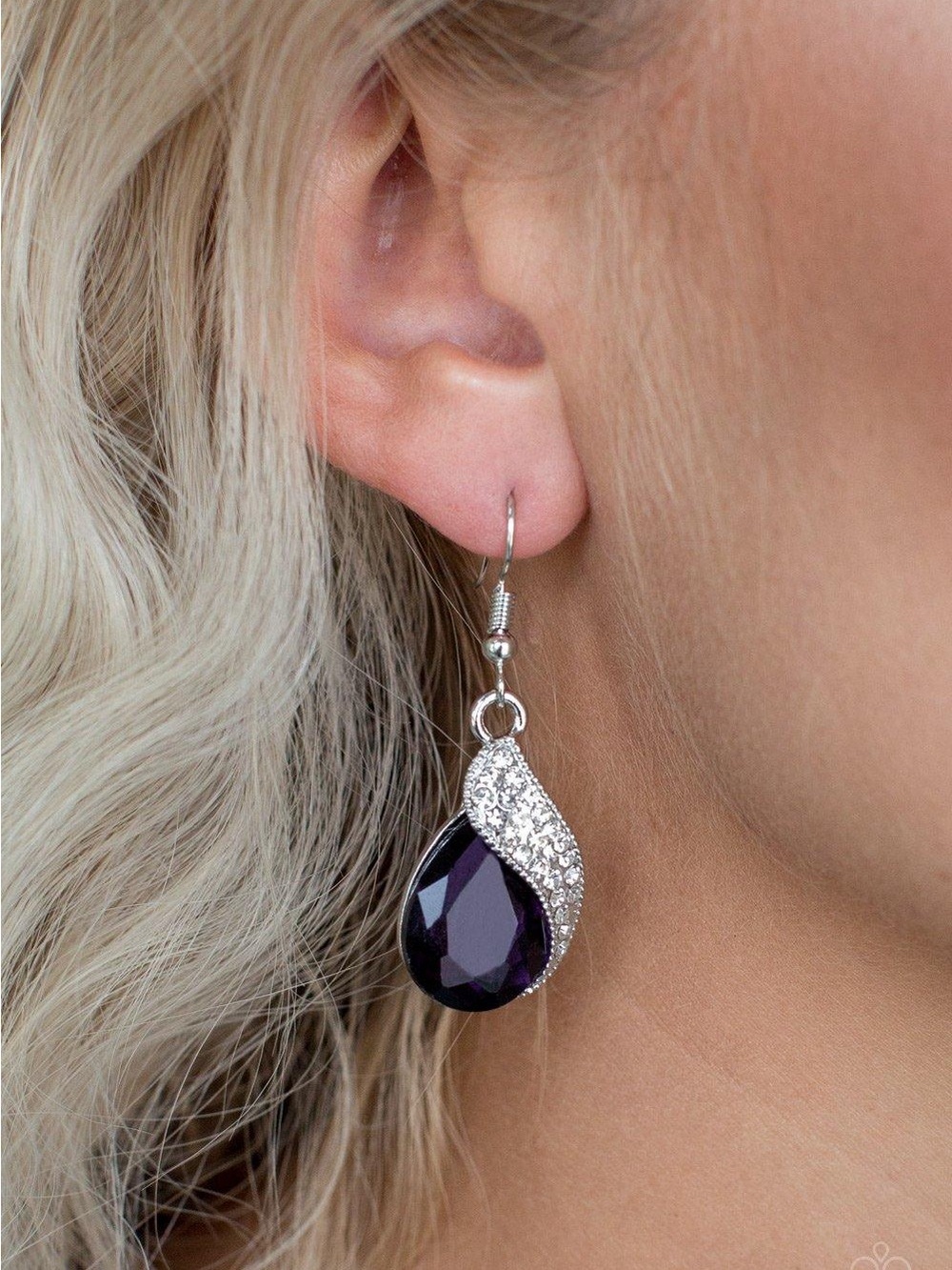 Easy Elegant Silver Teardrop w/Dark Purple Gem Earrings